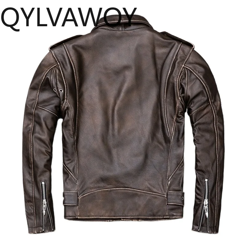 QYLVAWOY Top Layer Cowhide Real Leather Jacket Man Heavy Stone Washed Coffee Brown Genuine Leather Coat Motorcycle Jackets Retro