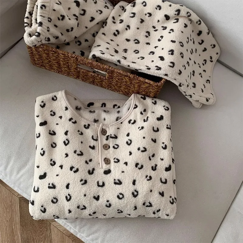 Half Fleece Pajamas Women' Winter Thickened Warm Suit Flannel Loungewear Coral Fleece Can Be Worn Outside Cross-border Wholesale