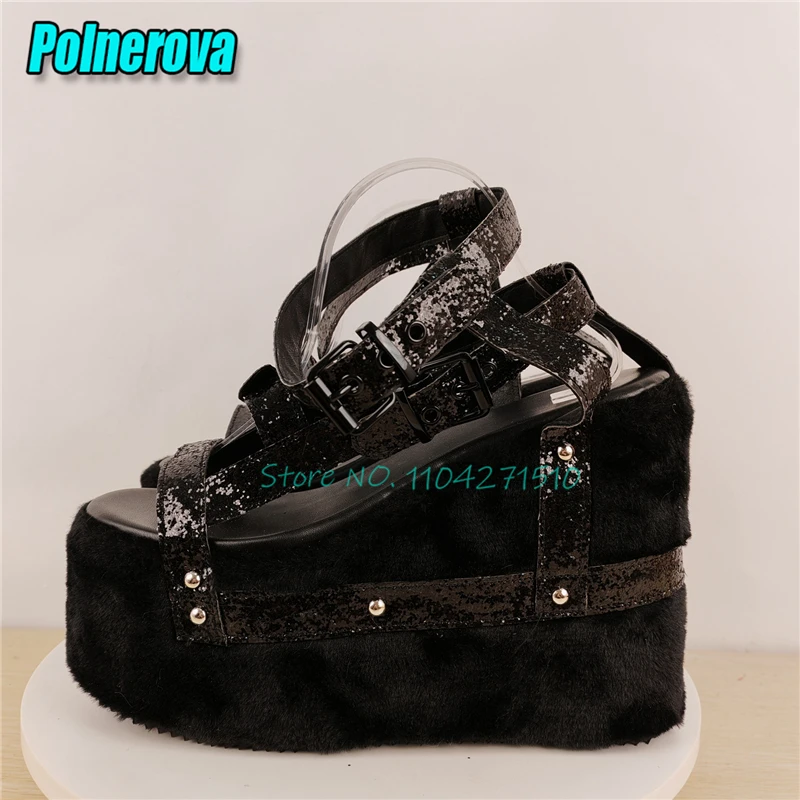 Black Glossy Leather Belt Buckle Strap Gladiator Sandals for Women Chunky Platform Wedge Round Toe High Heels Y2K Casual Shoes