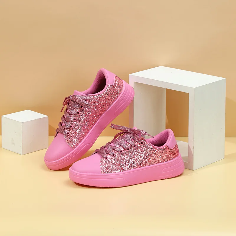 Women's Sequin Sneakers Fashion Lace Up Round Toe Thick Bottom Comfort Flats Spring Autumn Trend Casual Low-top Lace-up Shoes