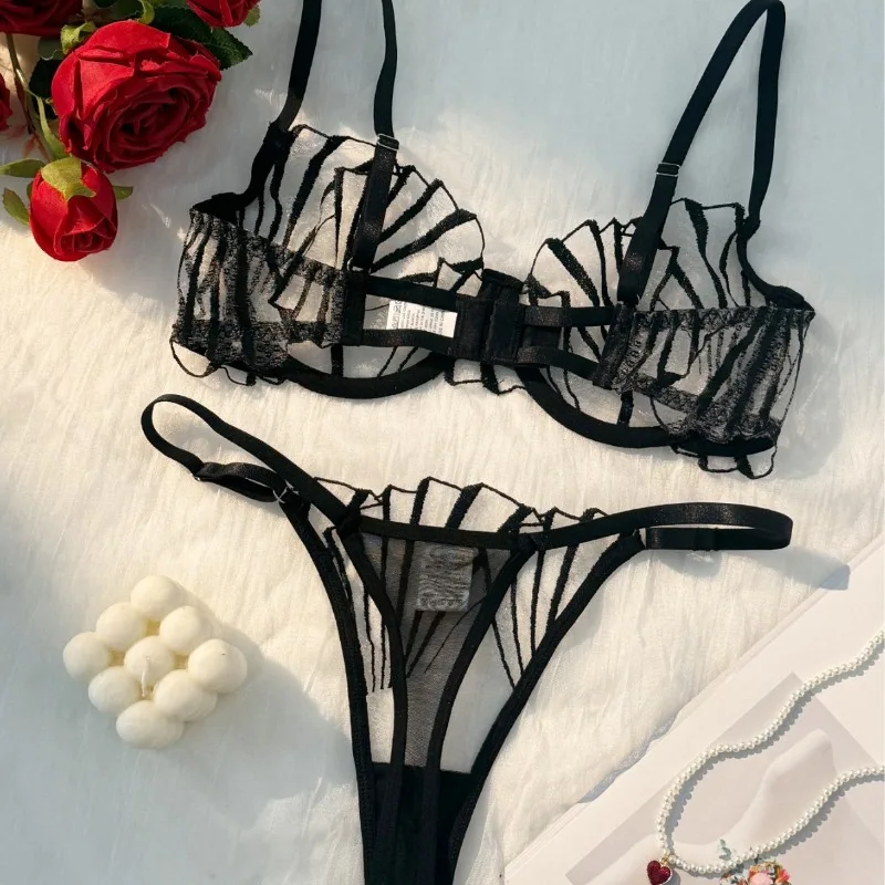 2dílná dámská podprsenka, sexy krajková síťovaná spodní prádlo, ultra tenká prodyšná pohodlná lehká průhledná spodní prádlo - náhled 2