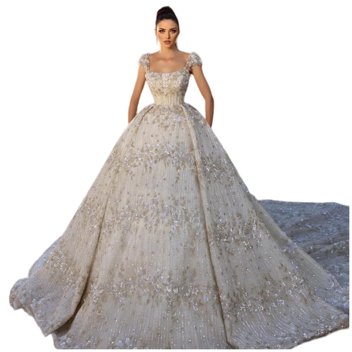 BRLMALL Ball Gown Square Neck Satin Tulle Wedding Dresses For Women With Luxury Beads And Rhinestones