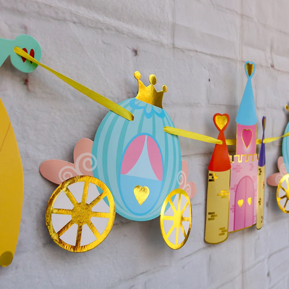 Childrens Birthday Princess Flag Pulling Castle Pumpkin Car Garland Room Party Raising Wedding Hundred Day Banner view 5