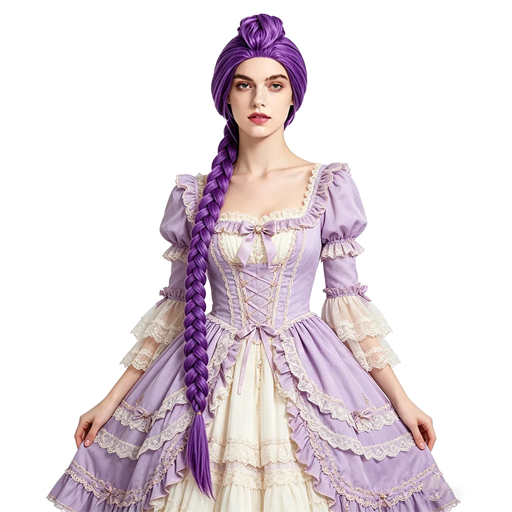 Anime Cosplay Wig 47 Inches Long Purple Braided Detachable Bun & Clip in Braid Heat Resistant Synthetic Wig For Halloween Party