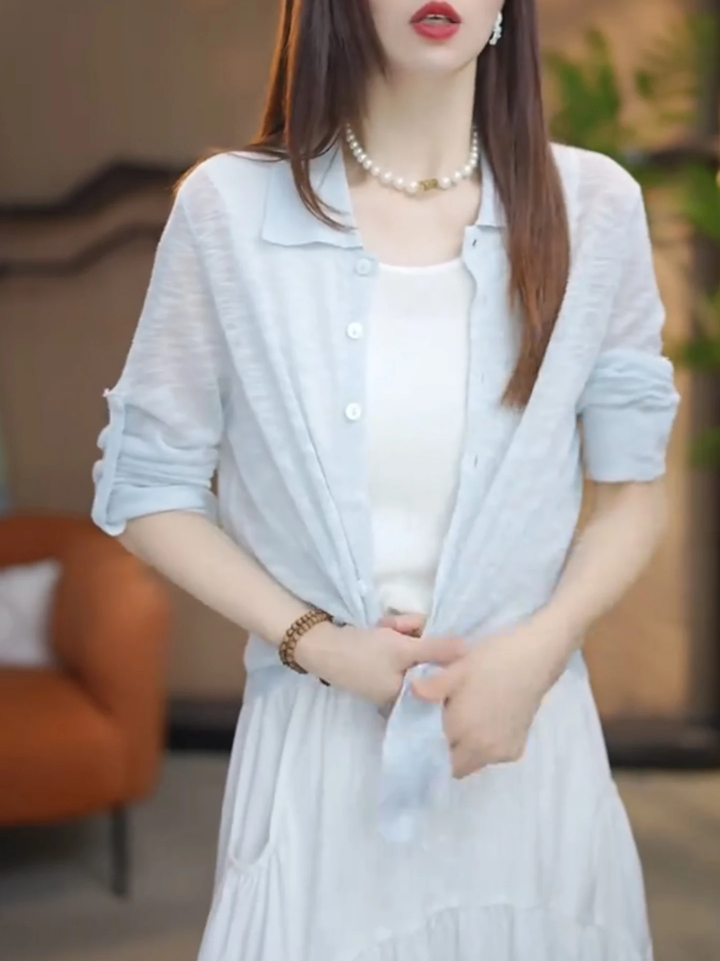 Cárdigan de Punto de Seda de Hielo de Manga Larga para Mujer, Estilo Casual, Top Adeazante, Transpirable, Moda de Verano, V...