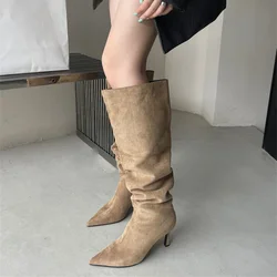 Autumn/winter Pointed Head Knee Pleated Boots Imitation Suede Stiletto Boots Fashion Leopard/zebra Knight Women's Boots 35-39