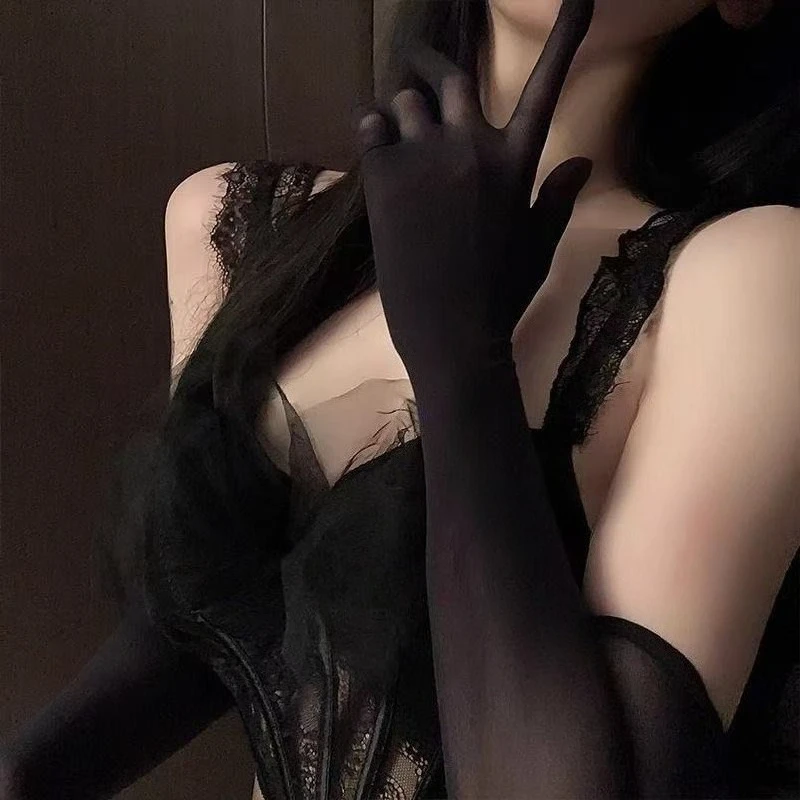 Sexy Lace Thin Transparent Hollow Breathable Long Gloves Seamless High Elastic Solid Women Men White Black Sheer Stocking Gloves