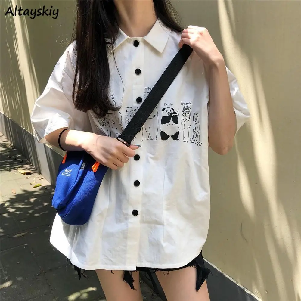 

Cartoon Printed Shirts Women Short Sleeve Loose Korean Style Summer Leisure Preppy Fashion Students Stylish All-match Ulzzang