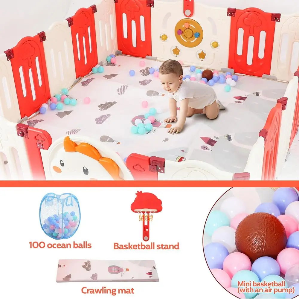 روضة أطفال قابلة للطي مكونة من 18 لوحة مع حصيرة، باب قابل للقفل للاستخدام الداخلي والخارجي الآمن