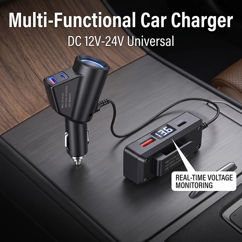 Car Charger with 5 Ports PD 30W QC3.0 Max 18W Fast Charging and Cigarette Lighter Socket Splitter with Digital Display 12V-24V