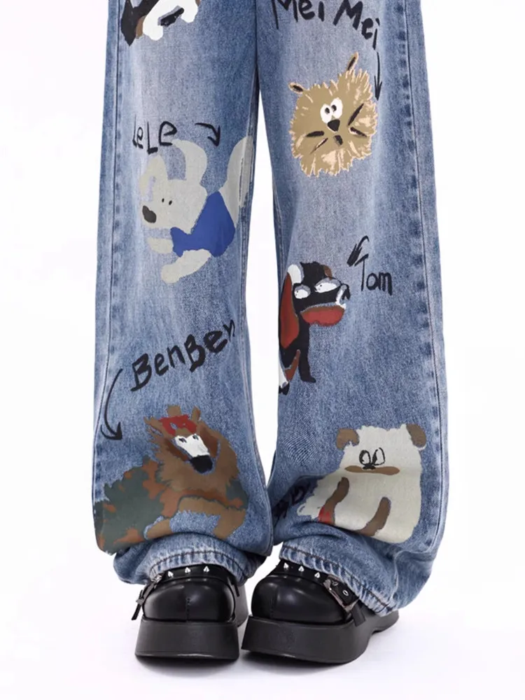 Jeans con stampa graffiti Pantaloni dritti larghi a vita alta con design in peluche ispessito autunno e inverno da donna