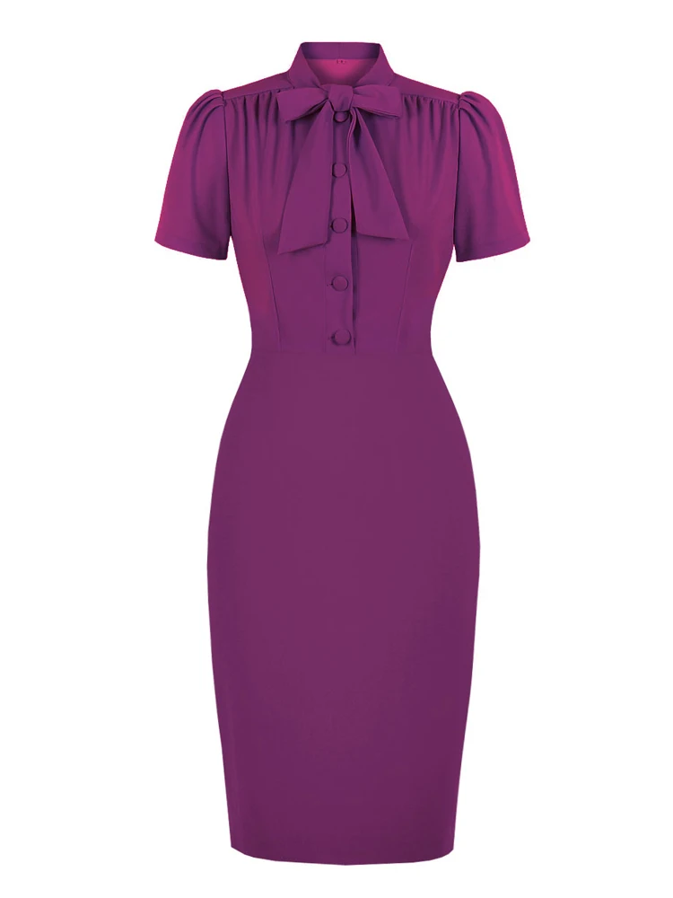 2023 Office Vintage 50s 60s Wiggle Dress Knot Tie Neck Button Up Purple Short Sleeve Women Elegant Bodycon Solid Summer Dresses