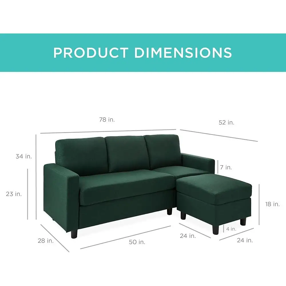 Upholstered Sectional Sofa with Reversible Ottoman Compact L-Shape Design Apartments Dens Dorms Easy Assembly 3 People