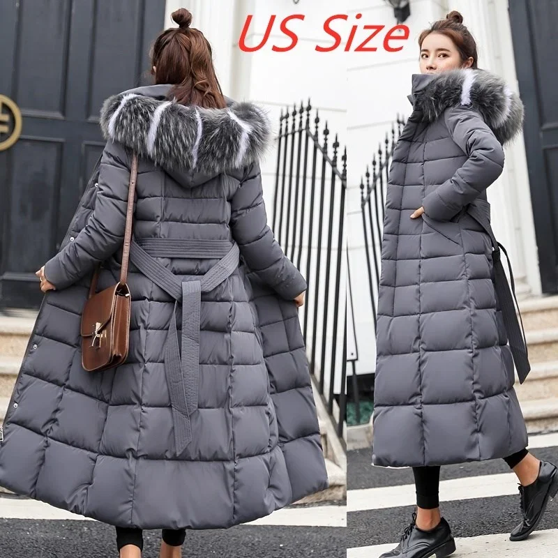 2024 New Fashion Women Winter Warm Bow Belt Fox Fur Collar Long Down Coat Women Outside Long Dress Thick Down Jacket