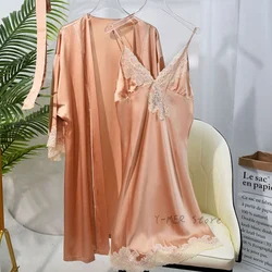 Real Silk Robe Women Sexy Spaghetti Strap Nightwear Sexy Lace Trim Nightgown 2Pcs Kimono Bathrobe Gown Summer New Lingerie