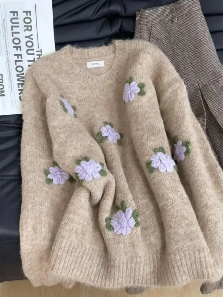 

Autumn Winter New Fashion Grey Beige Green Flower Embroidery Sweater Korean Women's Round Neck Long Sleeve Pullover Knit Tops