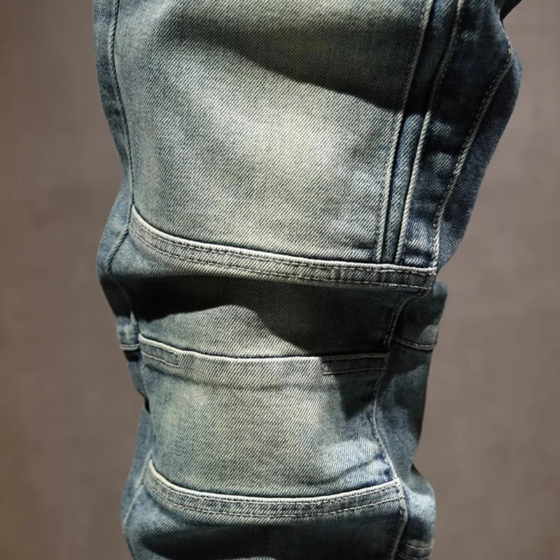 Street Designer Fashion Men Jeans Retro Washed Blue Stretch Slim Fit Spliced Ripped Jeans Men Patched Hip Hop Denim Biker Pants
