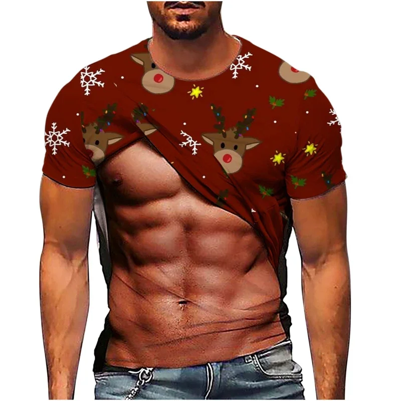 New Men's Christmas Reindeer 3D Print Short Sleeve T-Shirt Funny Fake Muscle Graphic Tee Casual Round Neck Holiday Party Tops