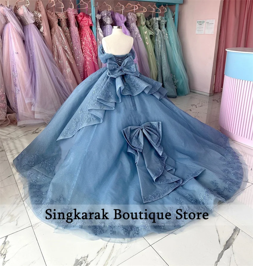 فستان الأميرة الوردي Quinceanera ثوب الكرة قبالة الكتف زهرة يزين مسابقة الحلو 15 حفلة فيستدوس الانحناء مخصصة