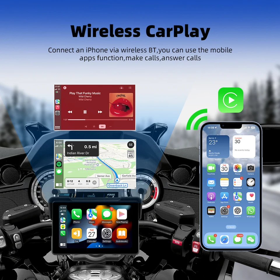 EKIY M21 7インチバイク用防水ワイヤレスCarPlayディスプレイ画面