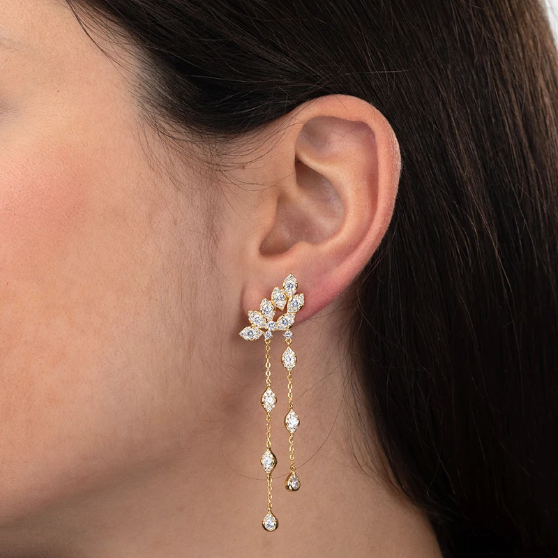 

925 Sterling Silver Needle Exquisite Long Chain Tassel Stud Earrings for Women Shiny Flower Zircon Earrings Luxury Jewelry Gifts