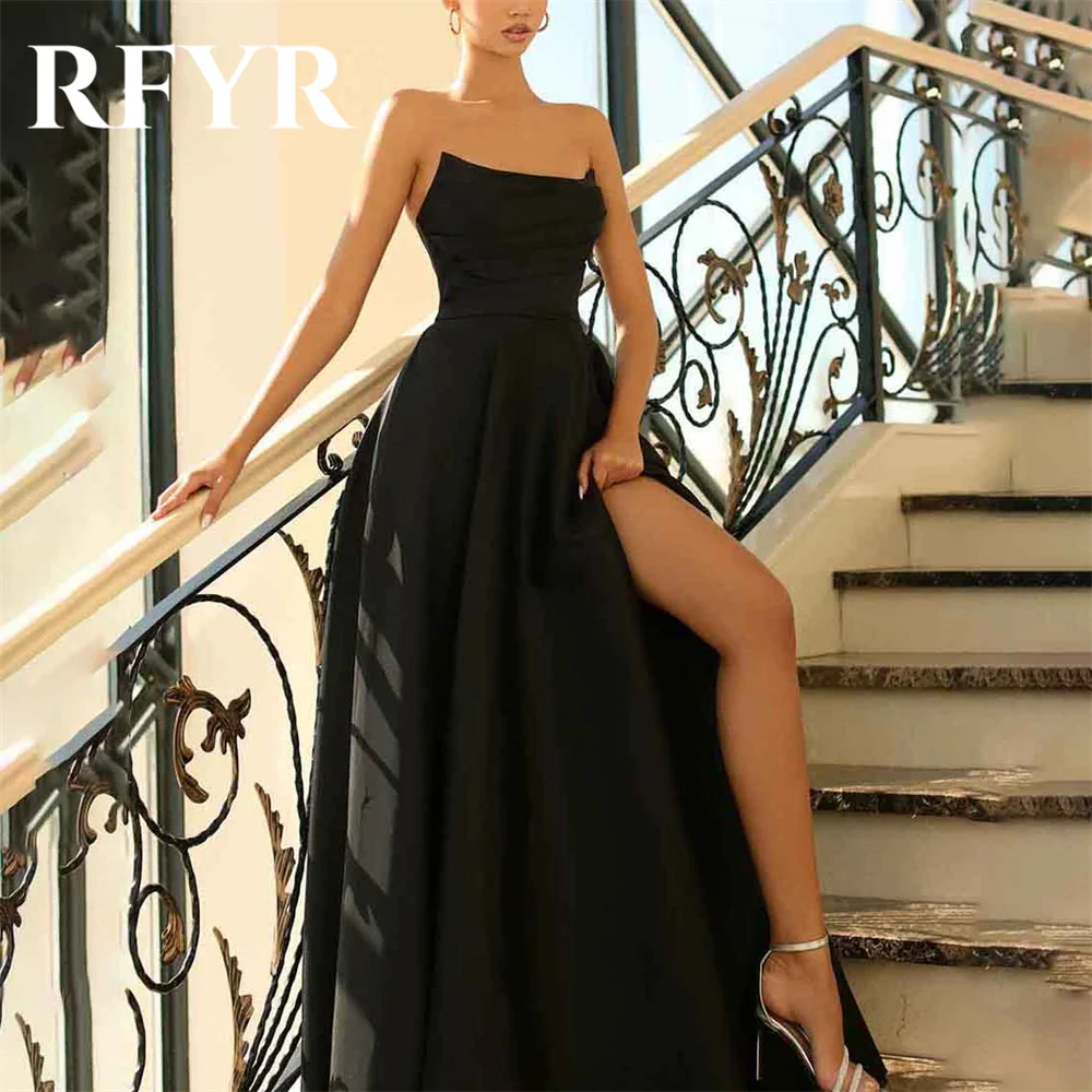 RFYR สีเขียว A-Line อย่างเป็นทางการ Stain Pleats Party Dress ด้านข้าง Slit Strapless แขนกุดชุดพิเศษ robe soirée