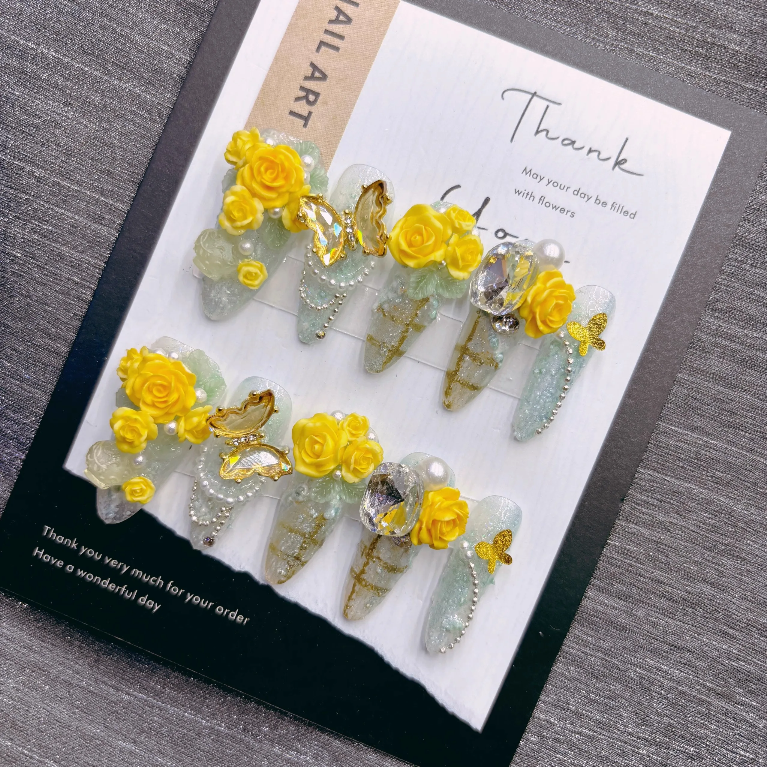 Vibrant Spring Press On Nails Light Green Yellow Rose with Rhinestones Pearl Butterfly Decor for Women Outdoor Party Daily Photo