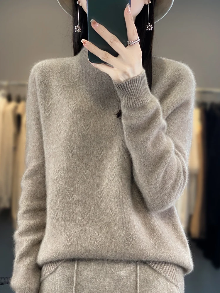 

New Autumn Winter Women Cashmere Sweater Mock Neck Basics Pullover 100% Merino Wool Knitwear Female Thick Soft Knitting New Top