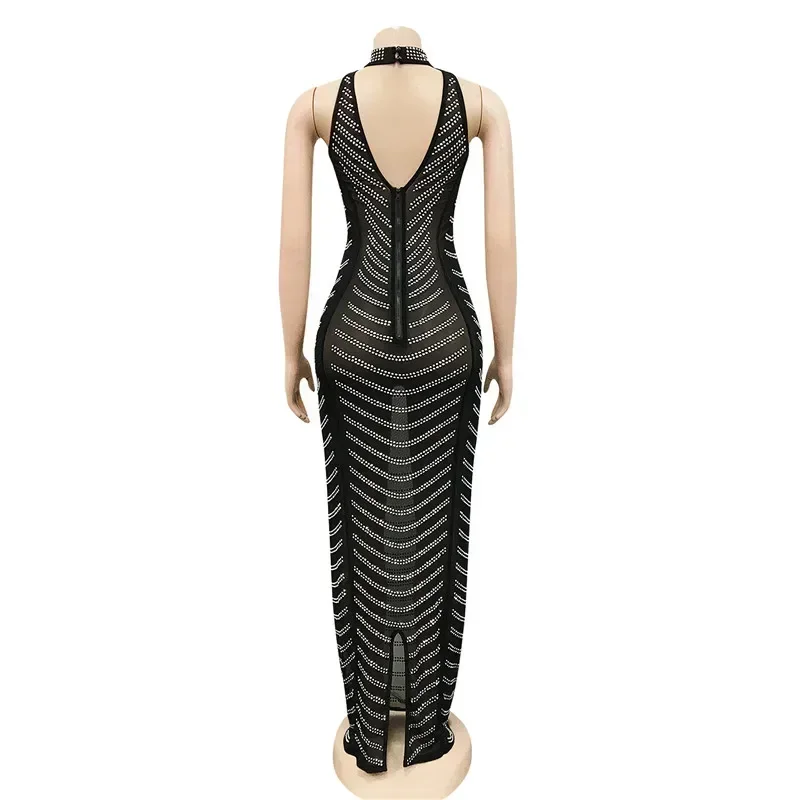 GUWU femme Sexy voir à travers maille étincelle clouté diamant robe moulante évider dos nu fête Club robe Maxi