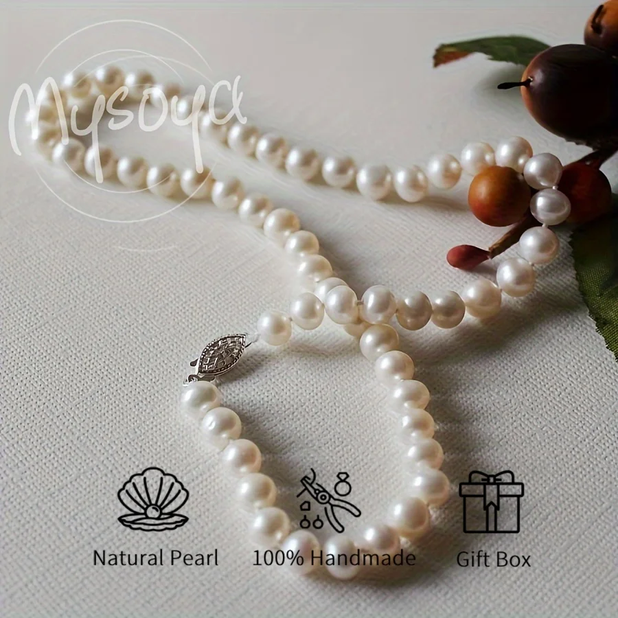 

MYSOYA 7-8 мм ожерелье из пресноводного жемчуга с полым узором, застежка, серебристые, золотые варианты с подарочной коробкой, идеально подходит для свадьбы, дня рождения