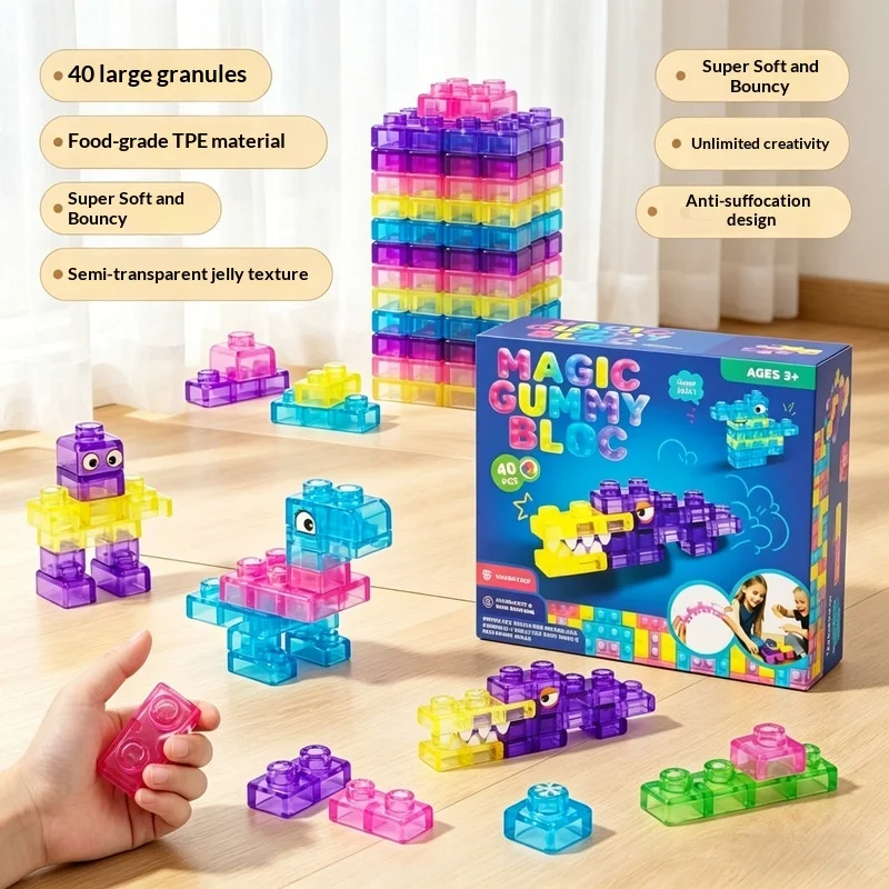 Magic Gummy Bloc Sensory Soft Building Blocks Transparent Jelly Fidget Toy Stress Relief Assembly Play For Adults