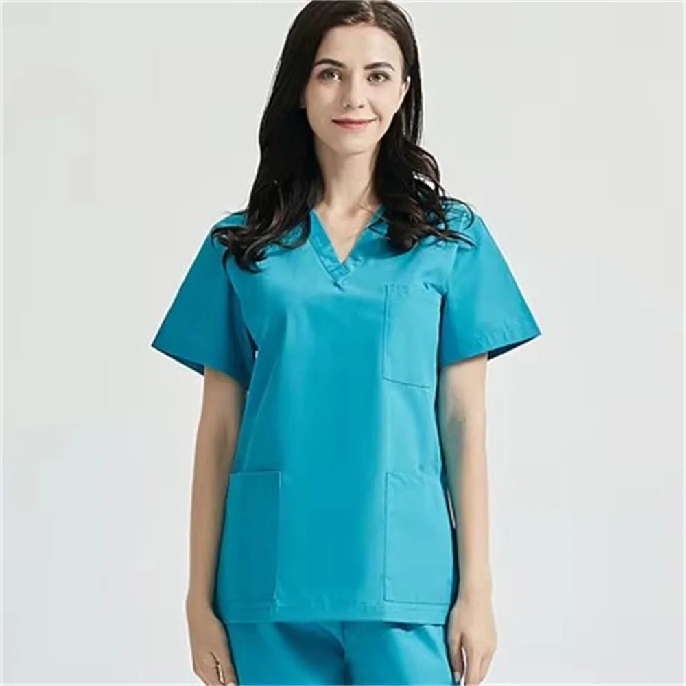 New High Quality V-neck Scrub Tops Beauty Salon Nursing Elastic Waist Pants Unisex Breathable Surgery Uniform Medical