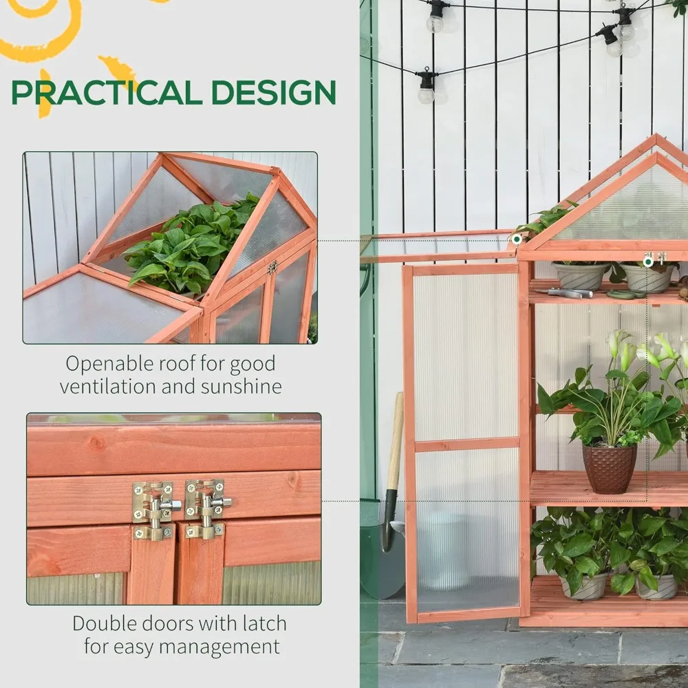 32 x 19 x 54 Green Garden Wood Cold Frame with Adjustable Shelves, Double Doors, Orange
