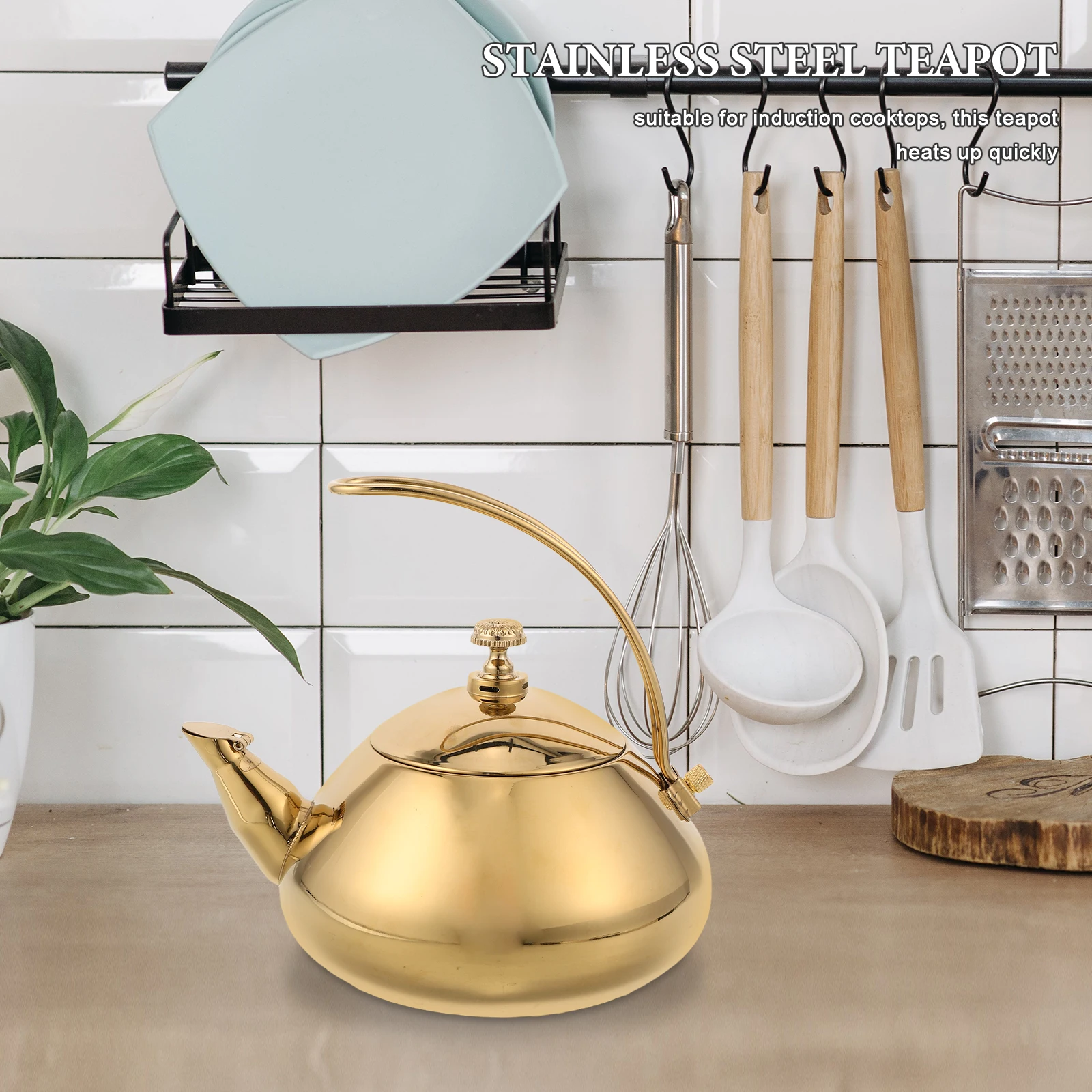 

Stainless Steel Teapot Portable Kettle Modern Coffee Metal Kitchen Golden Office