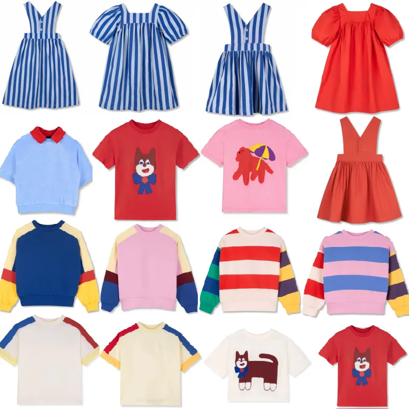 

Girls' Dress 2026 Summer New Blue Striped Strap Skirt Cotton Cartoon Fashion Boys' and Girls' Hoodies Cute Short sleeved T-shirt