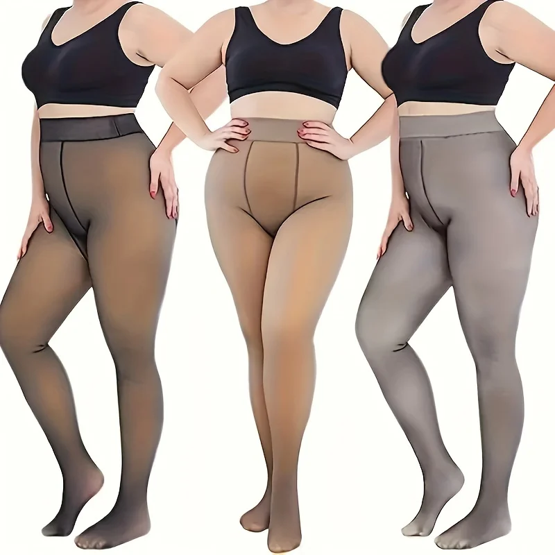 1 Pair Plus Size Casual Tights, Women\'s Plus Fleece Lined Winter Thermal Fake Translucent Pantyhose