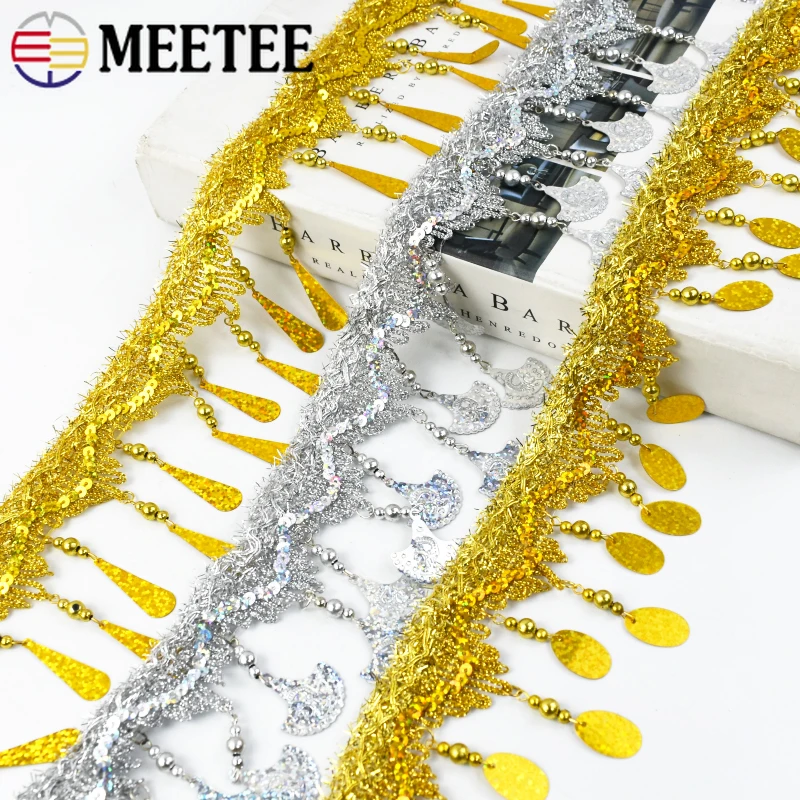 

Meetee 2/4meters Gold Silver Tassel Webbing Hanging Sequins Lace Trim Performance Dance Costume DIY Decor Craft Accessories