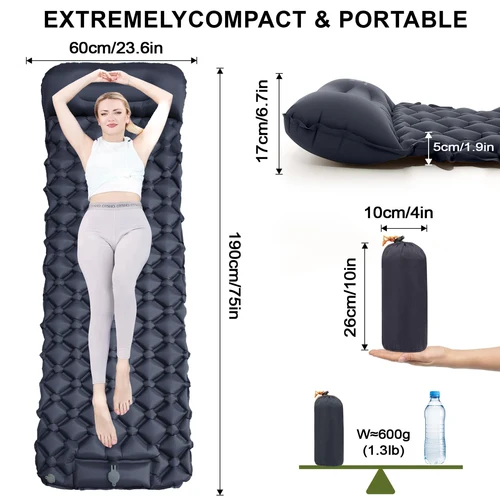 Colchón inflable para acampar al aire libre, colchoneta para dormir con almohadas, colchoneta de aire ultraligera, bomba infladora integrada para senderismo
