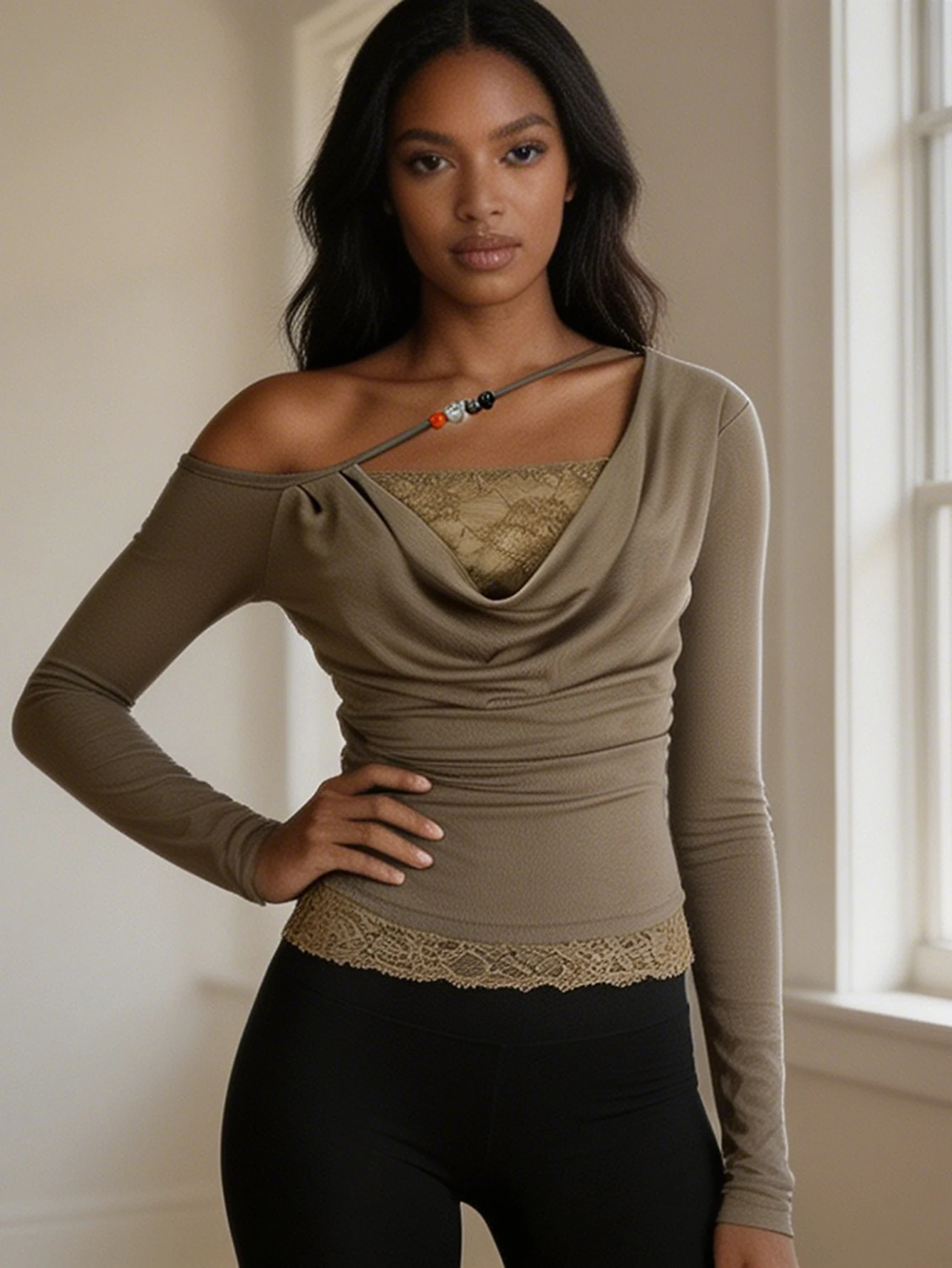 Women's Cowl Neck Asymmetrical One Shoulder Long Sleeve Top Beaded Strap Lace Trim Slim Fit Knit Blouse Casual Date Wear