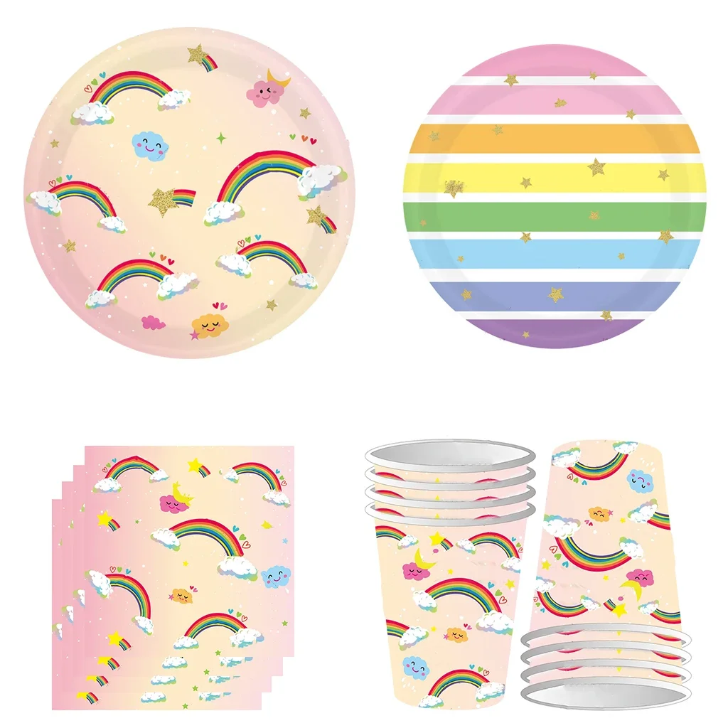 8Guests Rainbow Disposable Tableware Sky Cloud Star Rainbow Paper Plate Napkin Cup Happy Rainbow Girl Birthday Party Decor