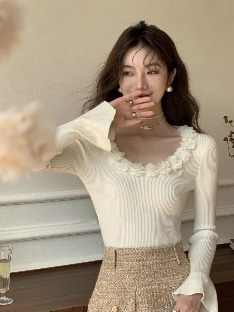 Ezgaga Woman Sweater Autumn Winter Flowers Slash Neck Flare Long Sleeve Slim Basic Knitted Tops Office Lady Elegant Pullover