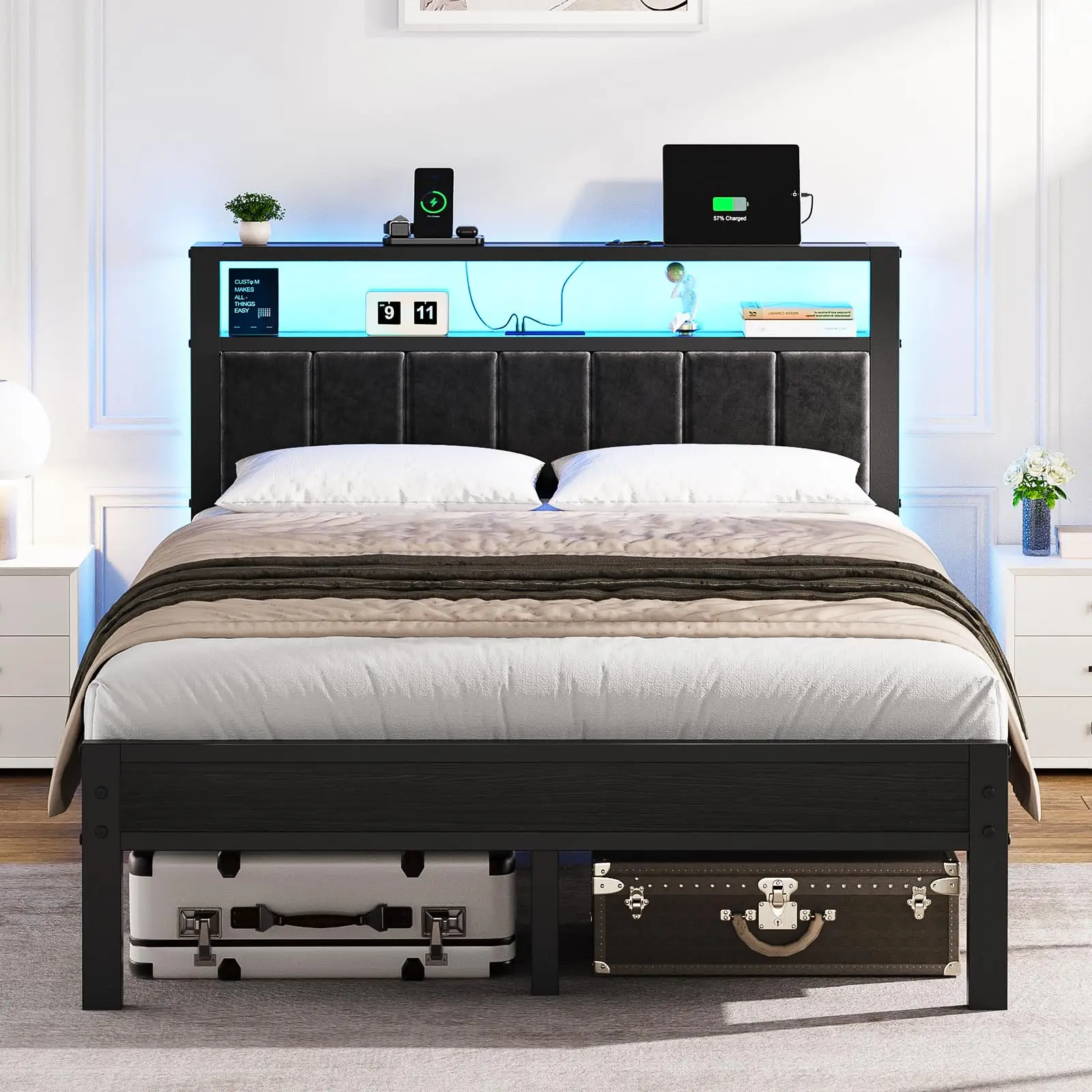 Modern King Size Platform Bed Frame With Upholstered Headboard, Integrated Charging Ports And Ambient LED Lighting, No Box