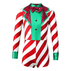 Kids Girls Christmas Candy Cane Costume Xmas New Year Festival Party Jumpsuit Unitard Sequins Santa Clause Bodysuit Leotard