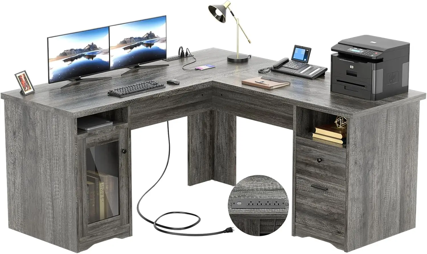 Unikito L Shaped Desk With Drawers, 60 Inch Corner Computer Desks With Usb Charging Port And Power Outlet, Large 2 Person Home