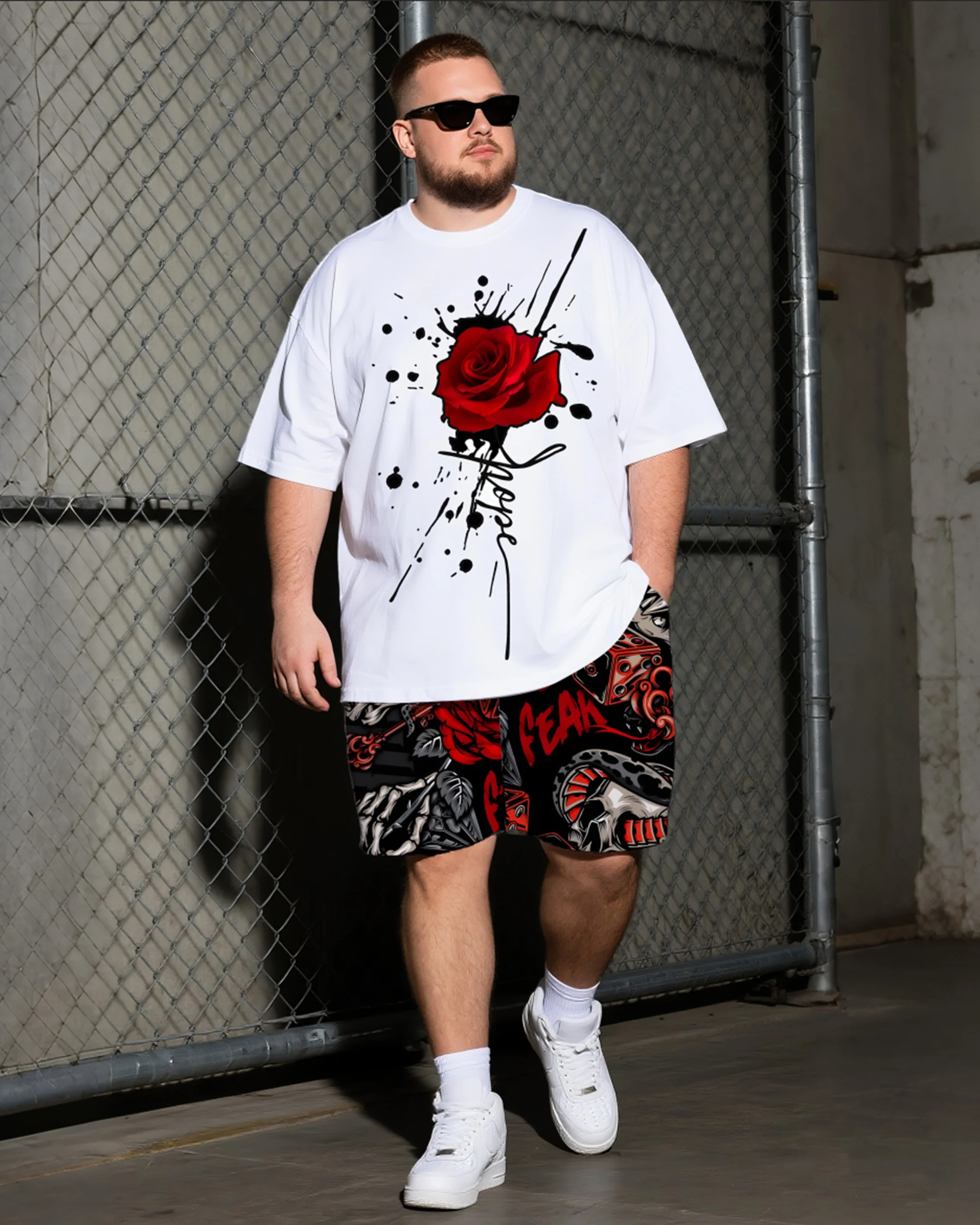 

S-9XL Men's Large Size Rose Skull Short Sleeve T-shirt Shorts Two-piece Set