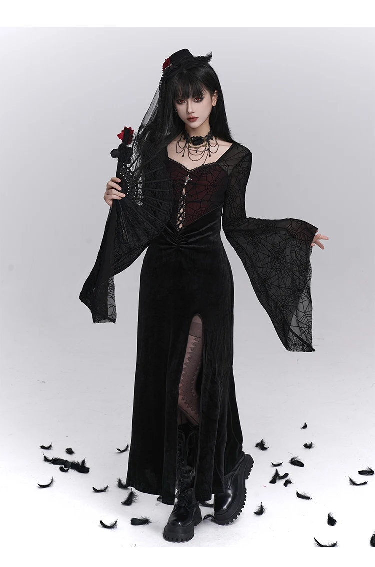 ثقافة فرعية فتاة الظلام القوطية زي الهالوين التأثيري فساتين الجوف خارج متوهج كم مثير شق Bodycon فستان أسود طويل المرأة