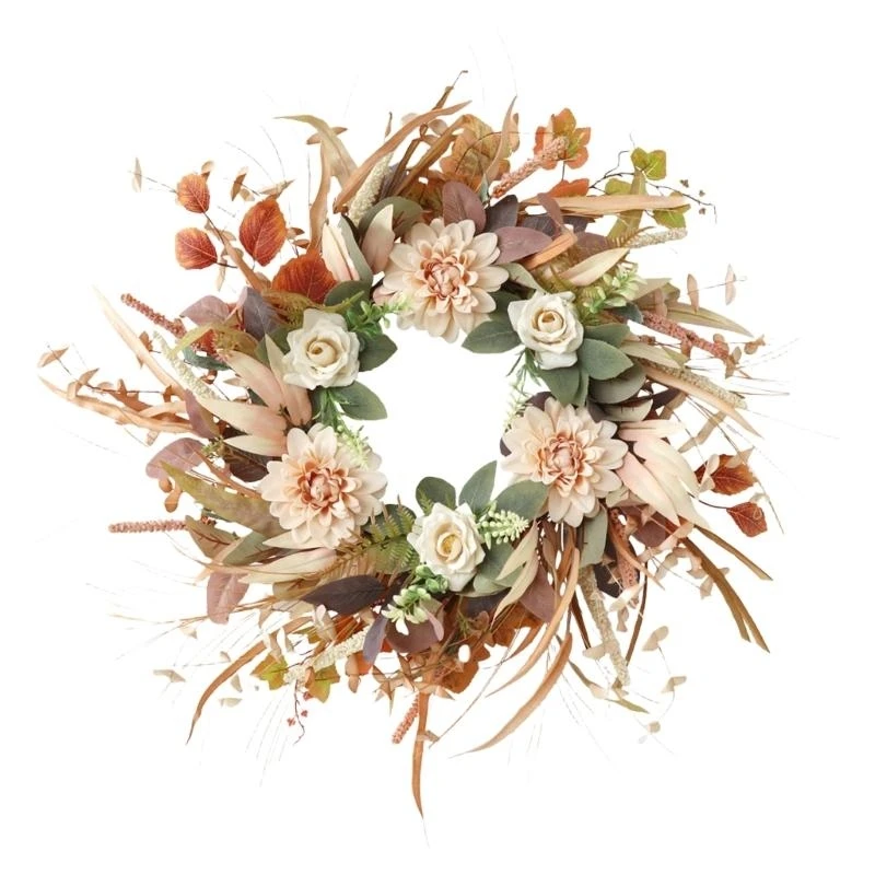 

JU64 Artificial Wreath Cream Floral Wreath Beautiful Wreath with Delicate Flowers Unique Garlands for Housewarming Gift
