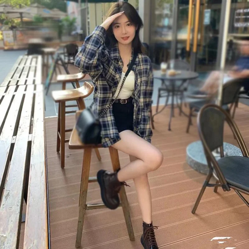 Casual Long Sleeves Blouse Korean Mid Length Loose Women Plaid Shirt Femal Turn Down Collar Tops