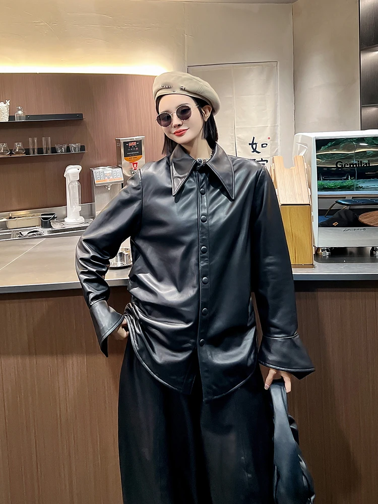 Casaco Casual Feminino de Couro Genuíno Versátil, Jaqueta de Couro de Pele de Carneiro, Tendência de Outono e Inverno