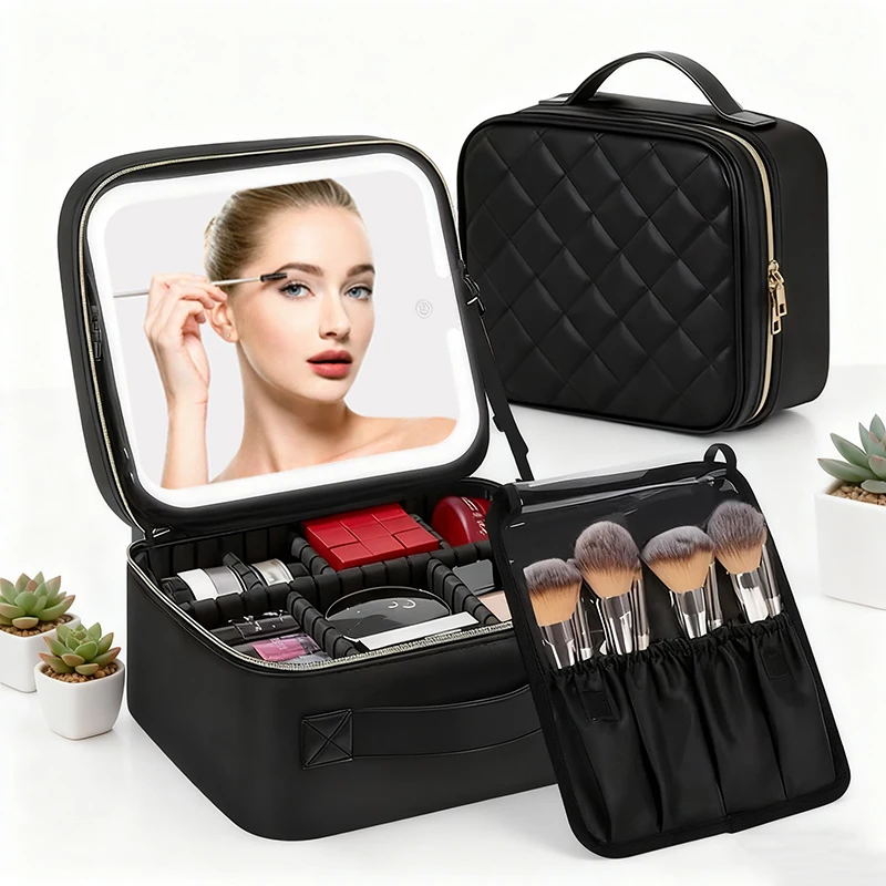 

Smart LED Makeup Case With Mirror PU Diamond Grid Travel Cosmetic Bag For Women Makeup Nail Tools Beautician Organizer Box